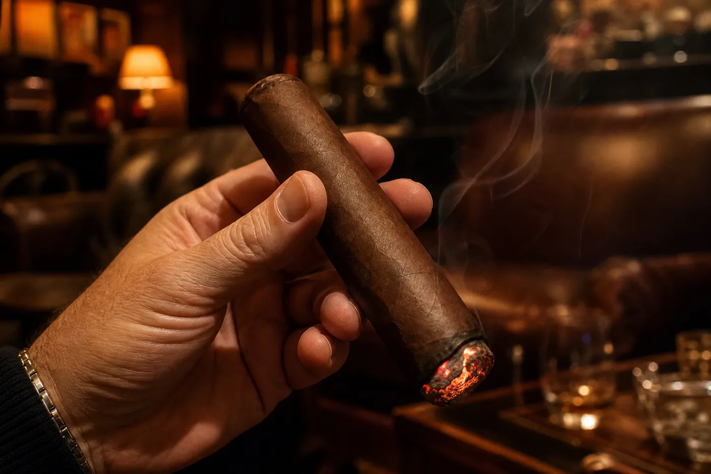 A hand holding a lit thick cigar, with smoke rising off the burning foot