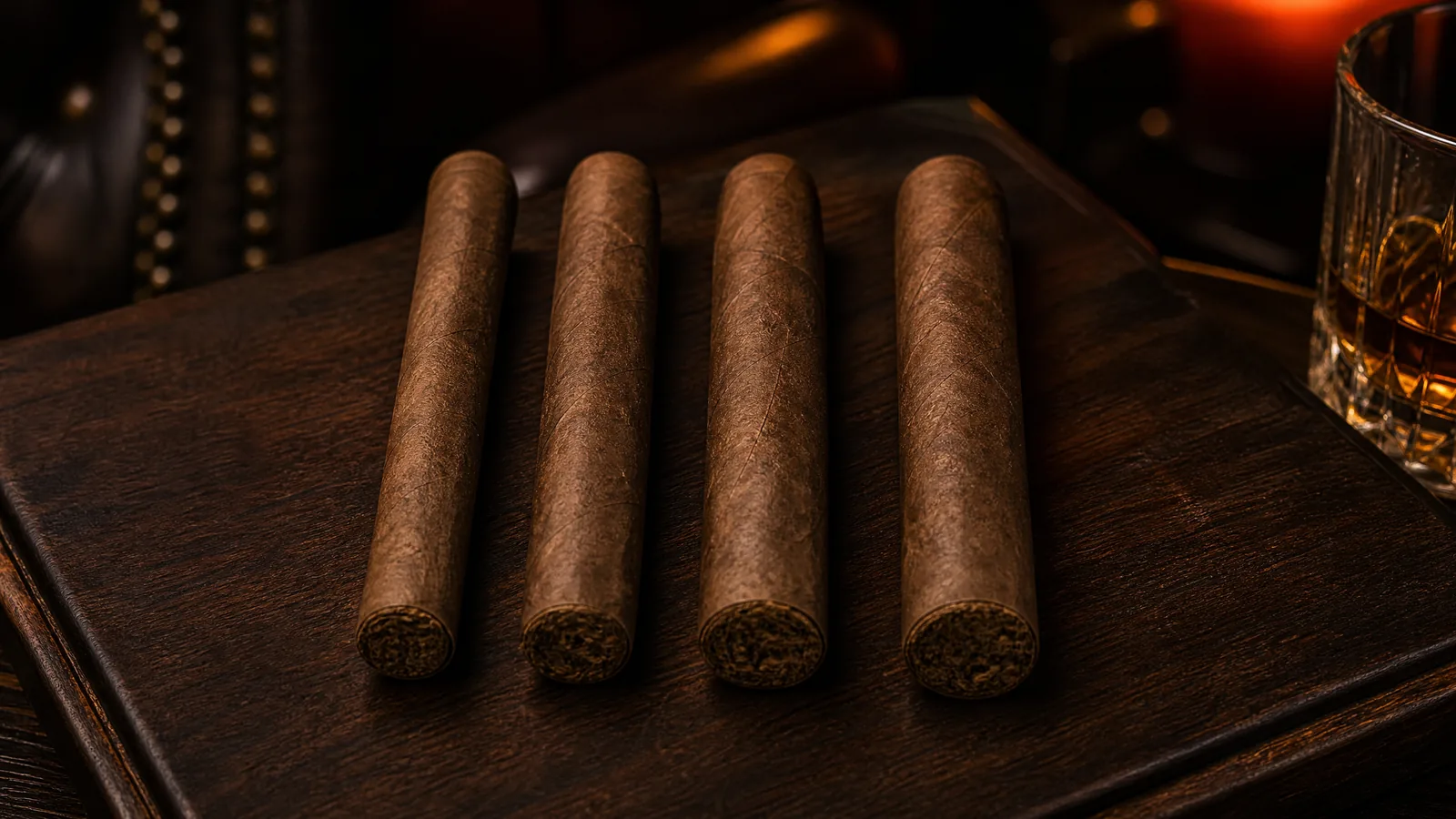 Four unbanded cigars laid in a row on a dark wooden board