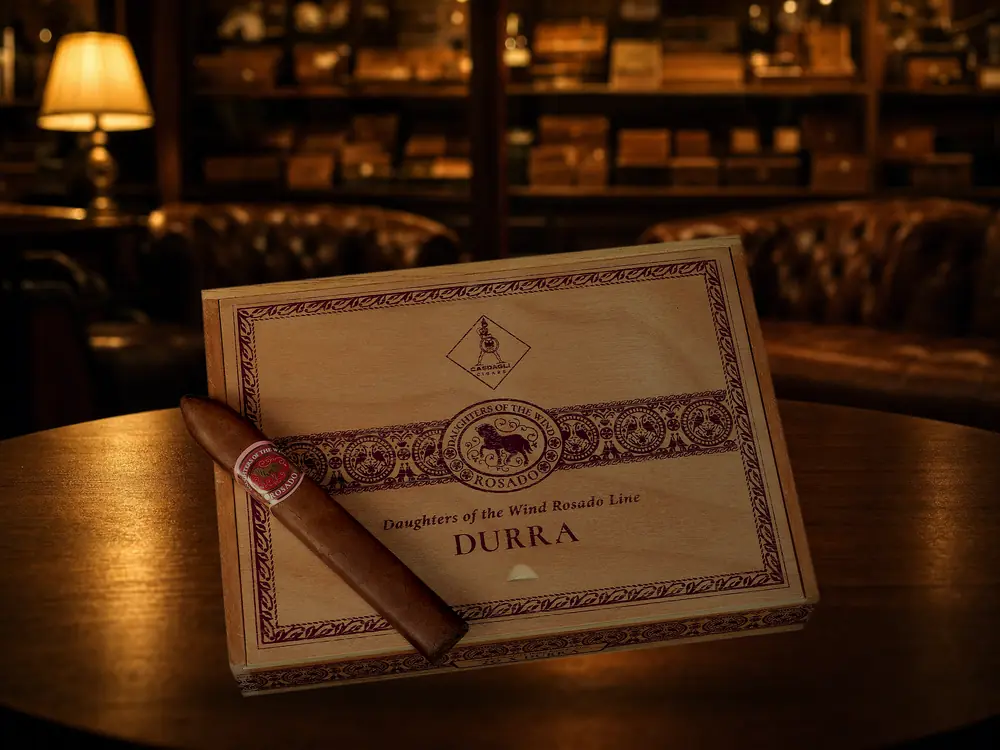 Casdagli Daughters of the Wind Rosado Durra box with a Rosado pirámide cigar resting on the lid