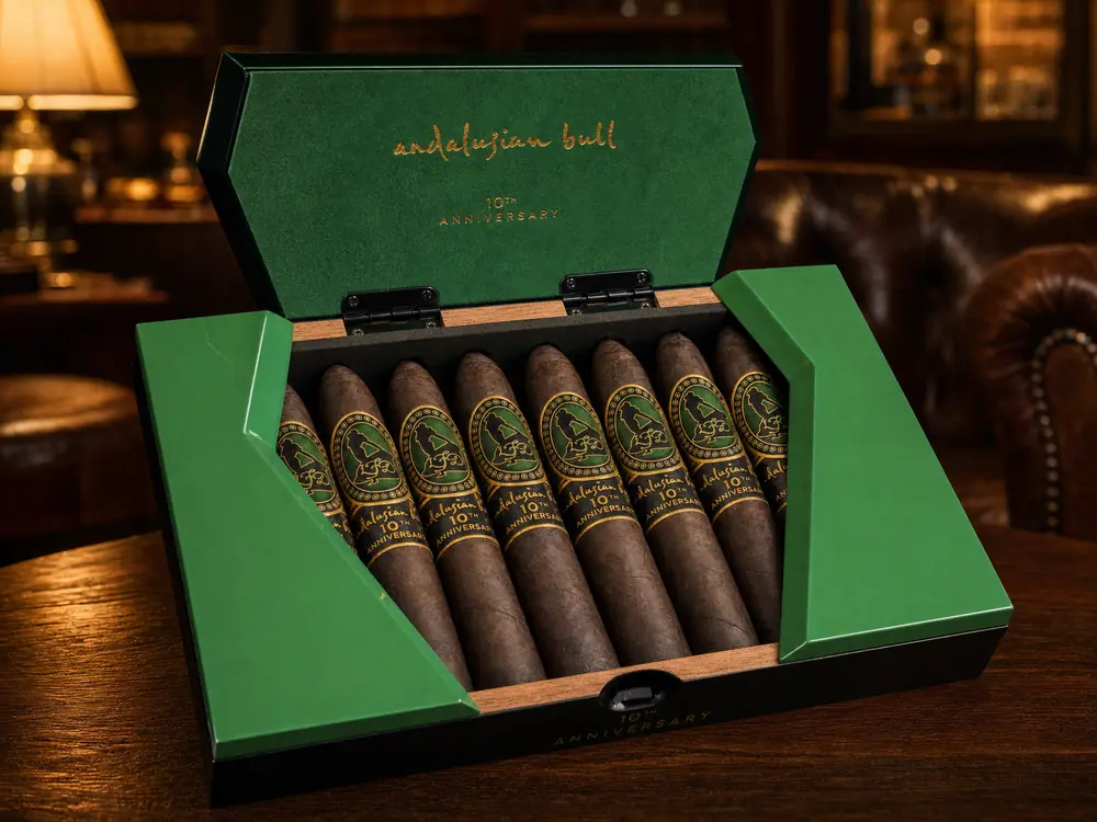 Open green La Flor Dominicana Andalusian Bull 10th Anniversary Maduro box with dark maduro figurado cigars on a walnut table