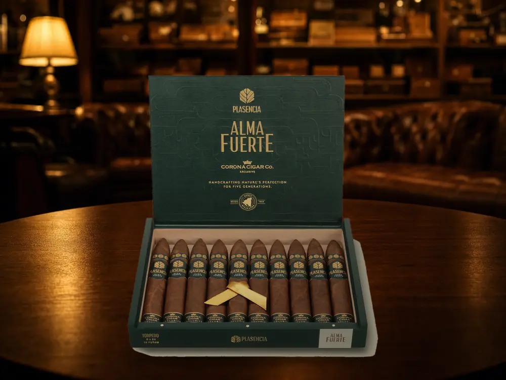 Open green Plasencia Alma Fuerte Corona Cigar Co. exclusive box with ten Colorado Claro torpedos