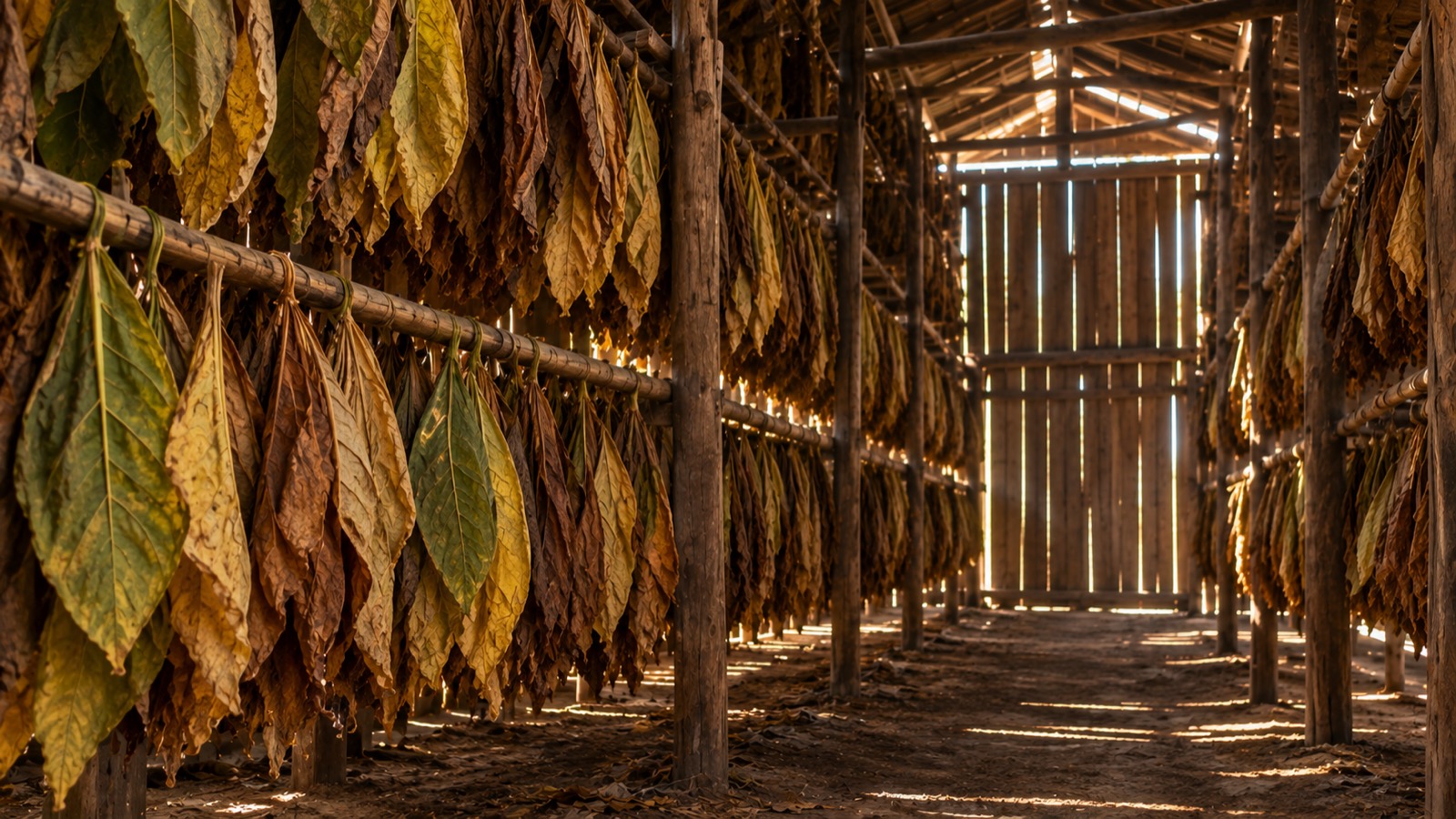 Tobacco leaves hanging to cure inside a wooden barn.
