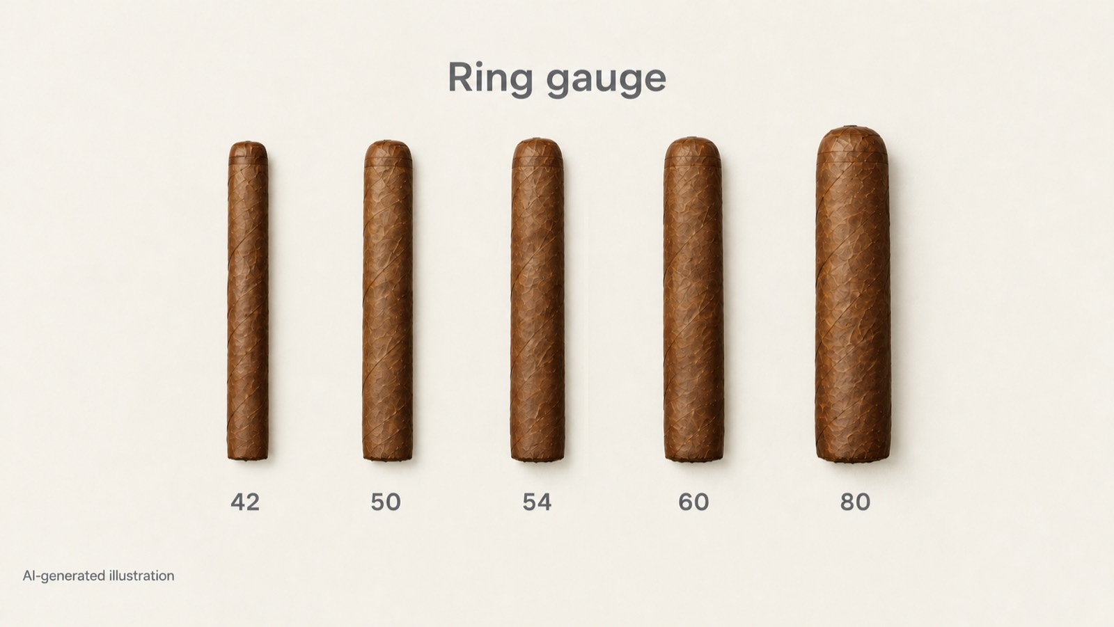 Five cigars drawn side by side to scale and labelled 42, 50, 54, 60 and 80 ring gauge, each one wider than the last.