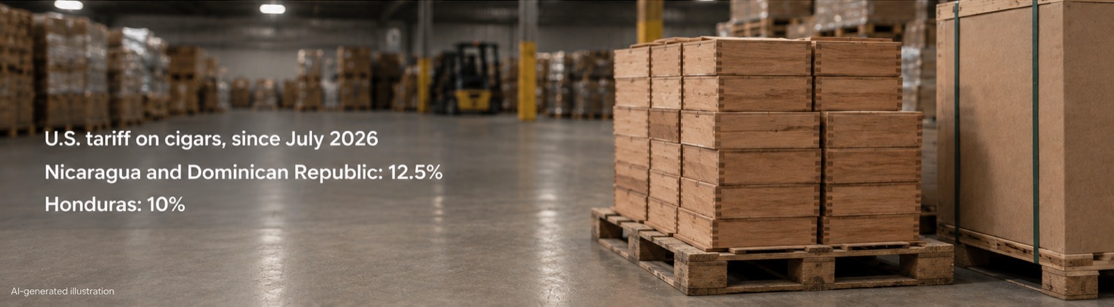 Cigar boxes on a pallet in a warehouse, labelled with U.S. tariff rates since July 2026: Nicaragua and Dominican Republic 12.5 percent, Honduras 10 percent.